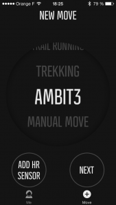 Dans le menu "Move" de l'application mobile, choisissez AMBIT3 pour coupler votre montre et transformer votre smartphone en écran déporté avec carte couleur.
