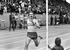 Seve Prefontaine crosses the finish line in a track meet on April 14, 1973 at Hayward Field, the University of Oregon. (Wayne Eastburn/The Register-Guard)